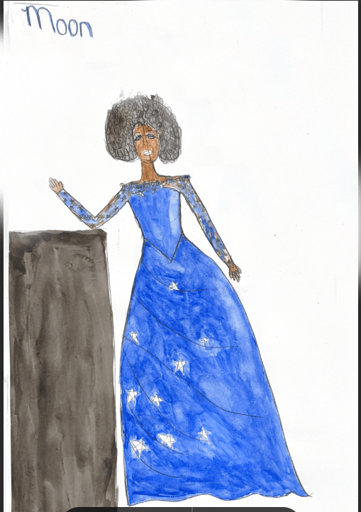 Drawing of the Moon in a dark blue ballgown with stars on it. 