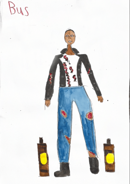 Drawing of the Bus in a white shirt, lether jacket, and blue jeans that are tatered. 