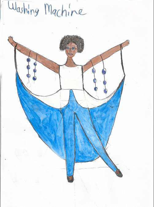 Drawing of Washing Machine with a white jumper with blue on the inside. 