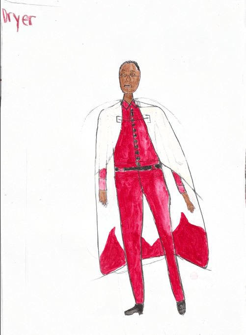 Drawing of the Dryer in a white cloak and a red suit. 