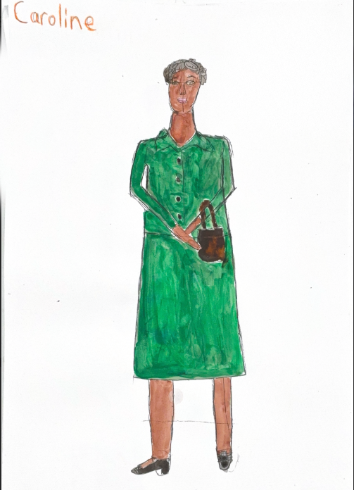 Drawing of Caroline in a green dress.