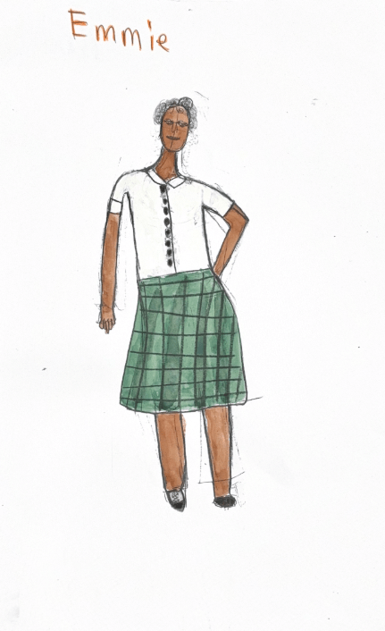 Drawing of Emmie in a white button up and green plaid skirt.