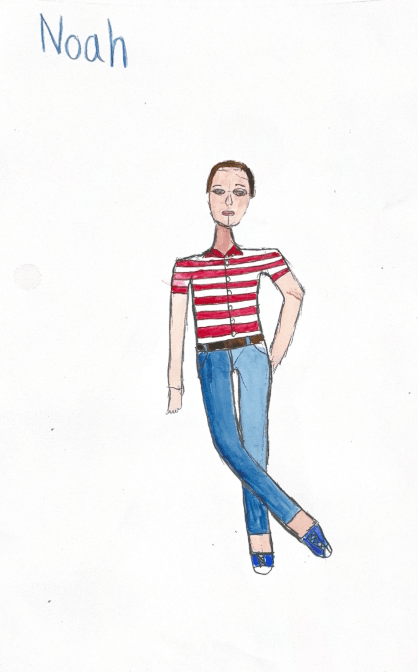 Drawing of Noah in a red striped shirt and blue jeans.