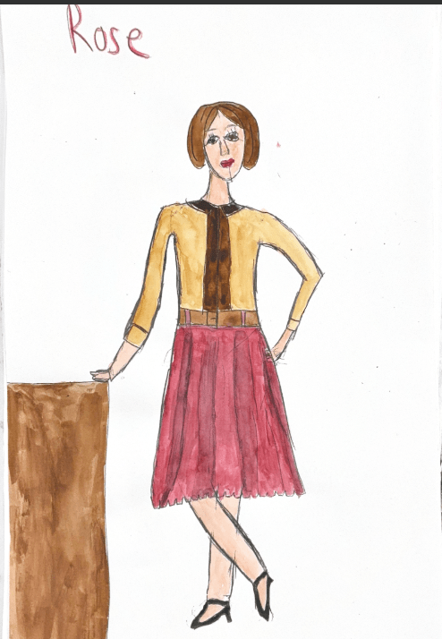 Drawing of Rose in a yellow cardigan and a maroon skirt.