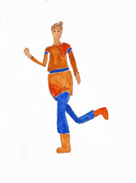 Drawing of Murderer 2, orange and blue color scheme drawn impressionistically. 