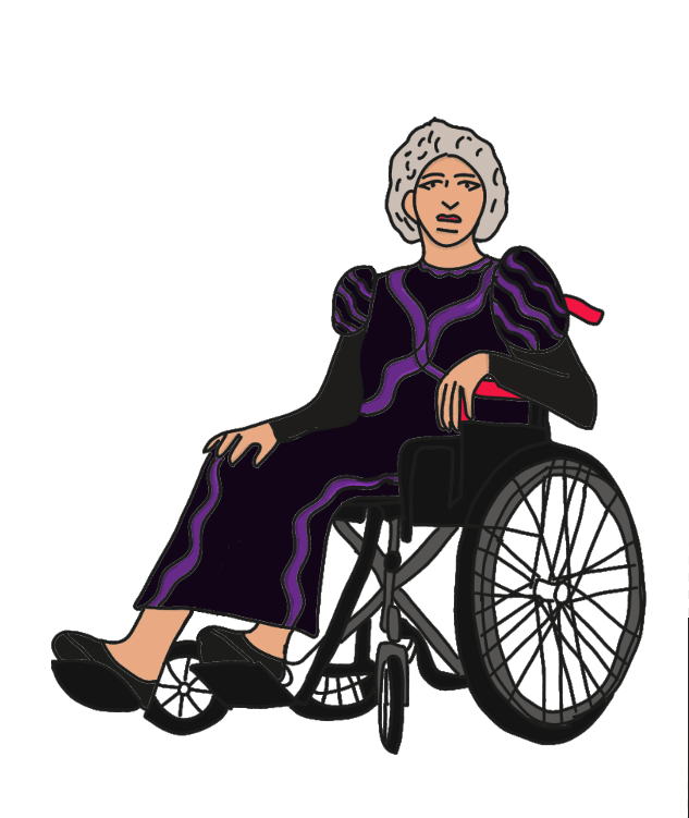 Drawing of Madam Armfelt in a wheelchair with a black dress with dark purple lace along the chest and sides of the dress. 