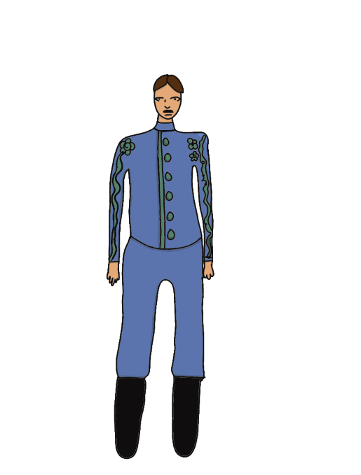 Drawing of Count Carl-Magnus Malcom in a dark blue uniform and symetrical vine going down his arms.