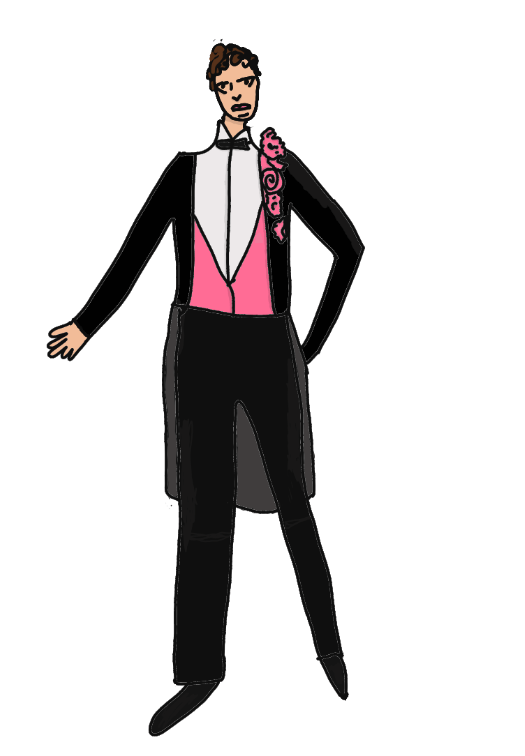 Drawing of Fredrick in a black tuxedo with pink vest and flowers along the left side of his chest