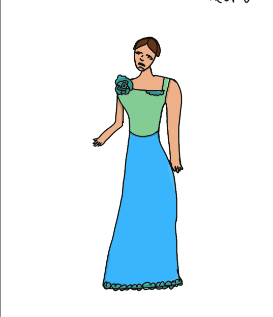 Drawing of Charlotte in a dress that has a pastel green bodice and pastel blue skirt. with a flower on the right shoulder.