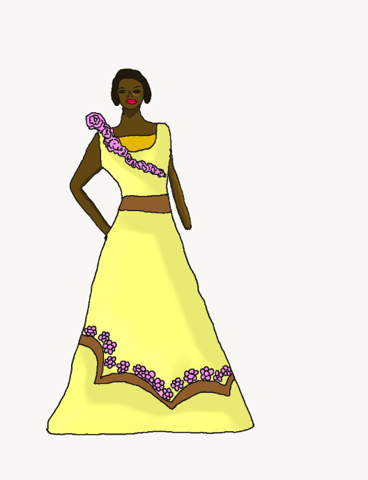 Drawing of Anne in a yellow dress with a brown sash and pink flowers horrizontally down the chest
