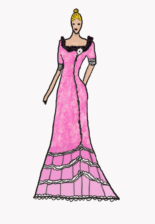 Drawing of Desiree in a long pink dress with flowers along the bottom and the neckline