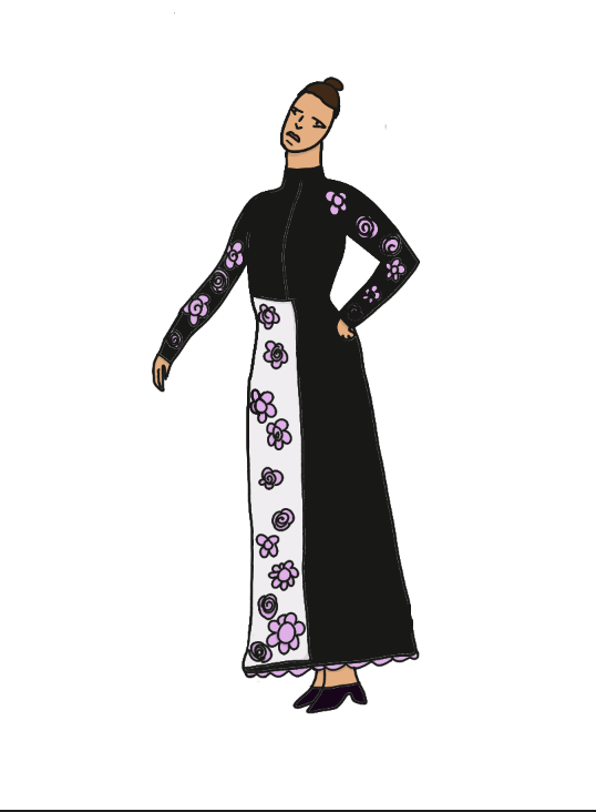 Drawing of Petra in a black long sleaved dress, white apron, and pastel purple flowers along her arms and apron.