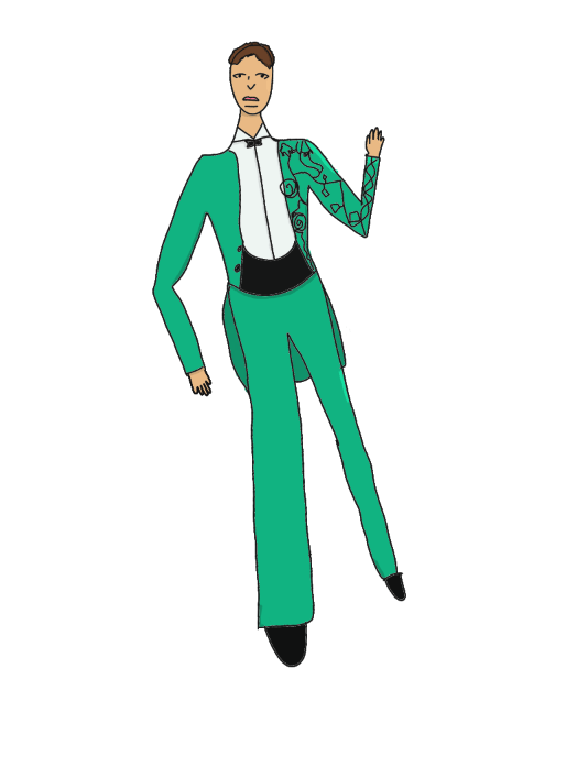 Drawing of Henrick in a pastel green suit and a black vine going down his left arm.
