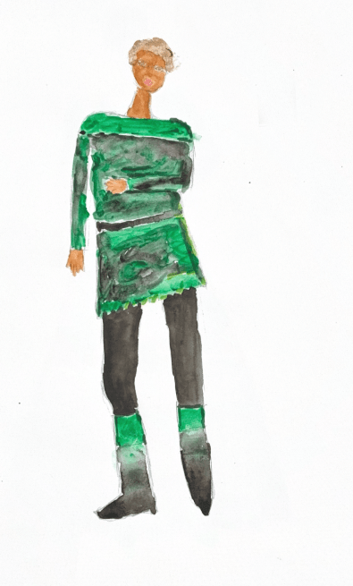Drawing of the Duke of Buckingham in an abstract expressionistic style costume with a green color scheme.