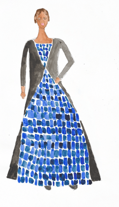 Drawing of Anne in a dress with a blue color scheme, in an impressionistic art style