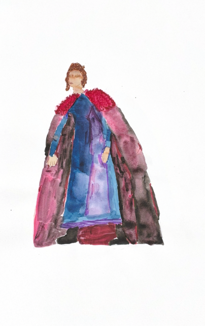 Drawing of Richard III in Act four similar clothing, but the color red in incorporated and the painting is more chaotic.