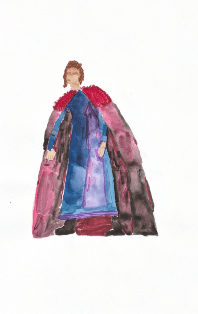 Drawing of Richard III in Act four similar clothing, but the color red in incorporated and the painting is more chaotic.