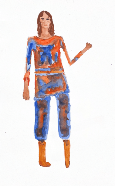 Drawing of Murderer 1 in an orange and blue color scheme, drawn abstract expressionistically. 