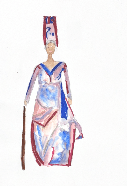 Drawing of Queen Elizabeth in a pink color scheme, drawing abstract expressionistically. 