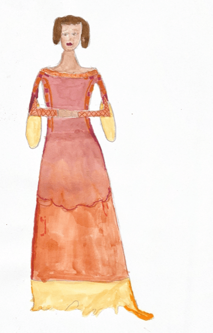 Drawing of Queen Elizabeth in a red and orange color scheme in an impressionistic color scheme.