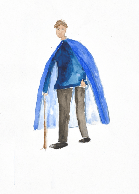 Drawing of Richard III in Act one in a blue ombre color scheme.